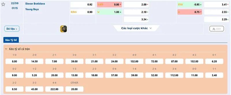 Thông tin tỷ lệ kèo Slovan vs Young Boys 01h15 ngày 22/8/2025