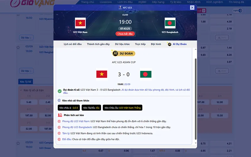 Dự đoán AI Việt Nam vs Bangladesh 19h00 ngày 03/9/2025