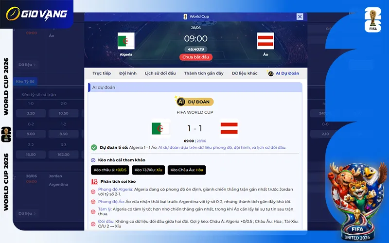 Dự đoán AI Algeria vs Áo 09h00 ngày 28/6/2026