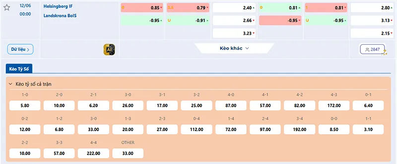 Thông tin tỷ lệ kèo Helsingborg vs Landskrona 00h00 ngày 12/6/2026